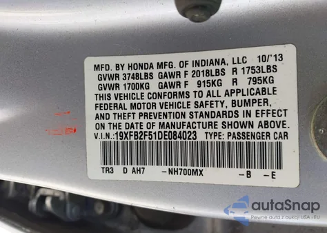 2013 Honda Civic Lx z USA, uszkodzony, nr VIN 19XFB2F51DE084023